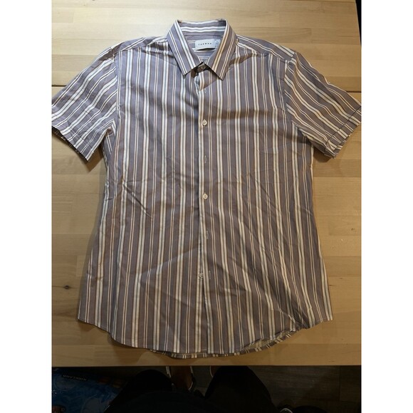 Topman Button Down Shirt Mens Size L Striped Short Sleeve Purple Orange White - Picture 2 of 7